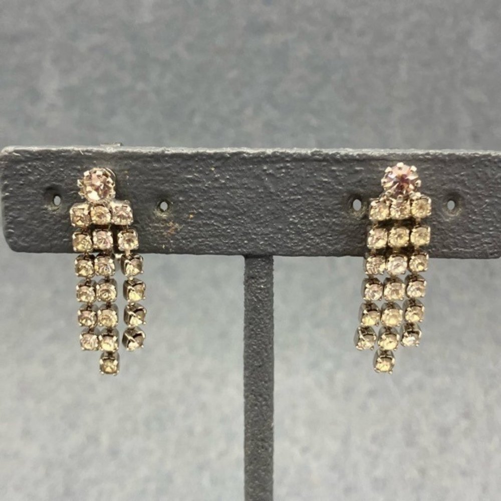 Fantasies Clip On Earrings Rhinestone Silver Dangle Retro Vintage Bling Glam